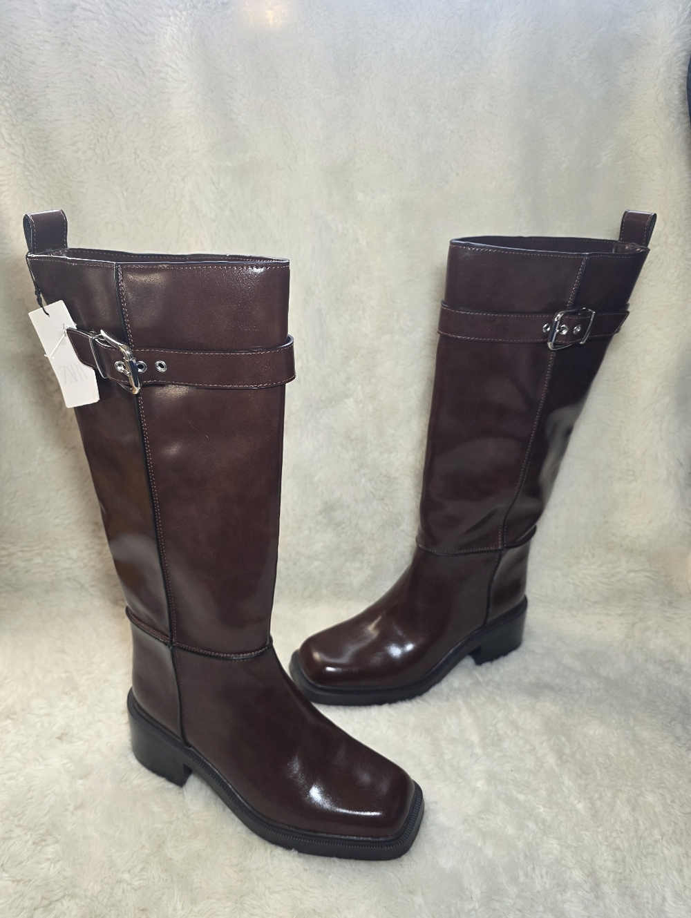 Zara Burgundy Contrast Topstitch Knee-High Boots Square Toe Buckle NWT US 7.5
